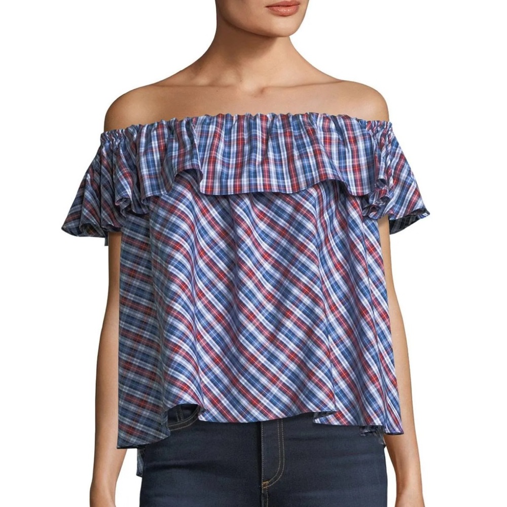 Petersyn Womens Oversized Ruffle Check Print Tartan Blouse Top Off Shoulder XS